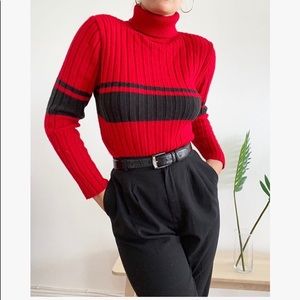 VINTAGE RED & BLACK STRIPED TURTLENECK  SWEATER